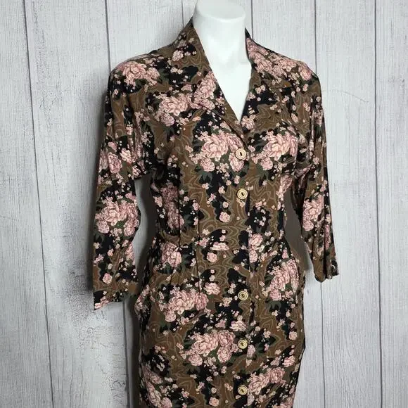 Vintage 80s Rayon Floral Shirt Dress Brown Pink Made USA, sz 9/10 - Picture 2 of 6